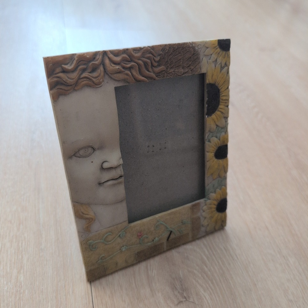 Vintage Cherub and Sunflower Resin Picture Frame Whimsical Eclectic Decor